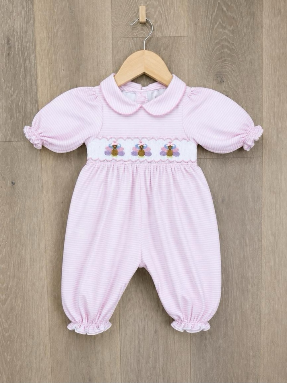 Cecil and Lou 0-3M Pink Stripe Smocked Turkey Thanksgiving Longall Romper